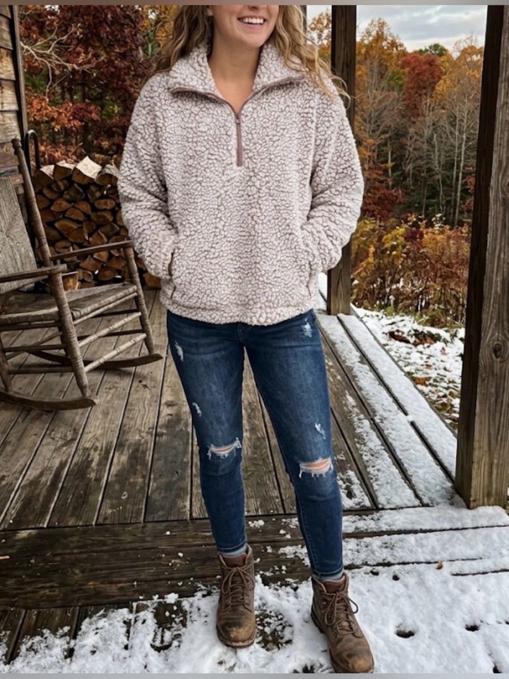 Thread & Supply Smoke Rose Sherpa Quarter-Zip Pullover - Size Large
